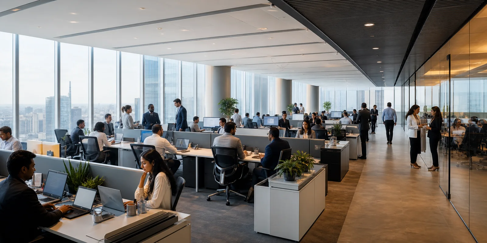 Wide contemporary office floor filled with professionals working
